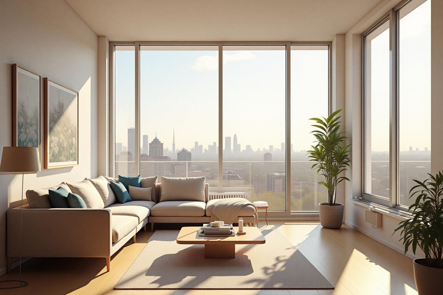 Beautifully decorated Bristol apartment with large windows and city view in sunlight